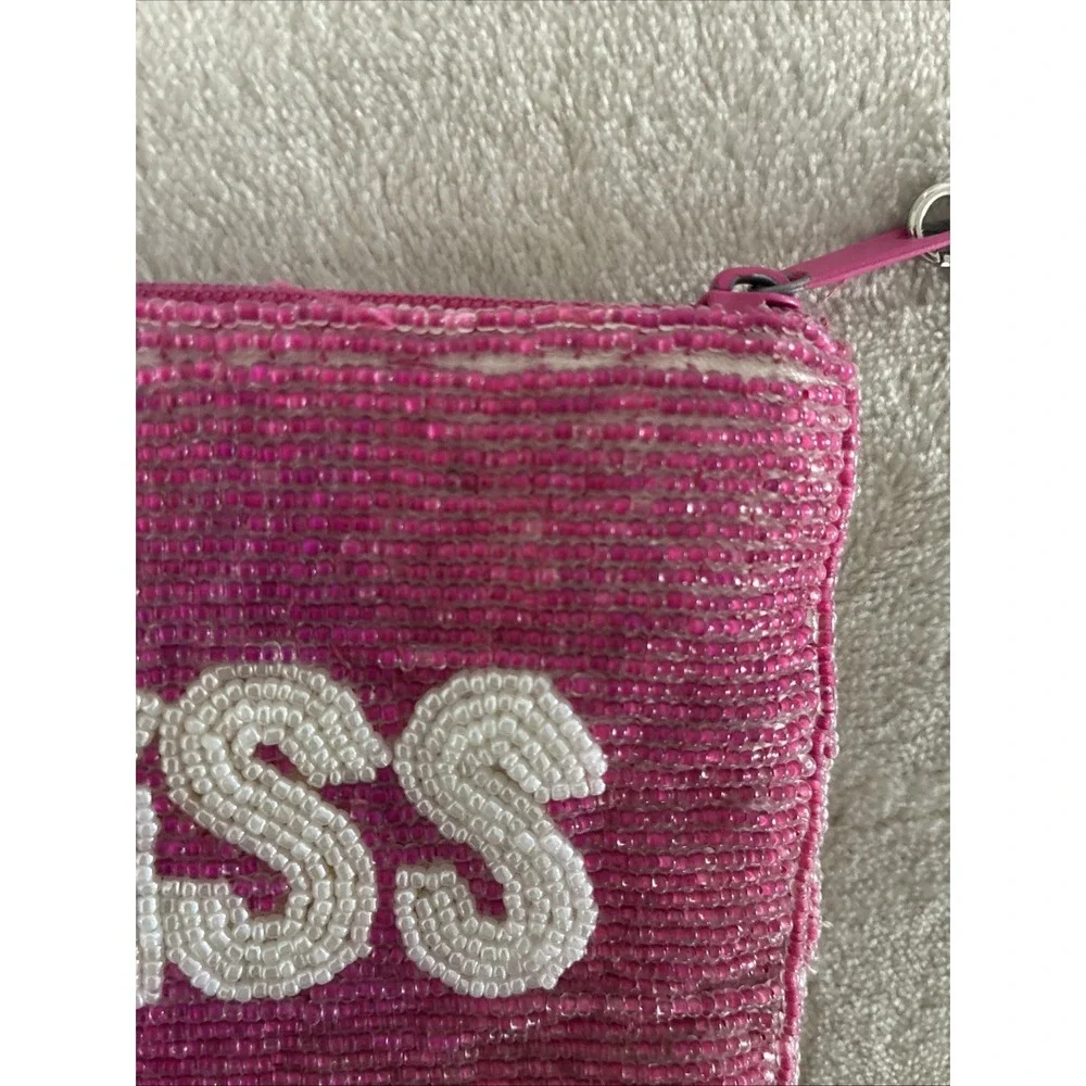 Kiss Beaded Coin Purse Pink White 5x4